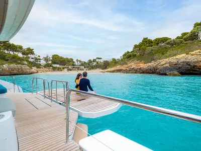 Deck of Premium +, a Lagoon 55 catamaran at Trapani, Italy