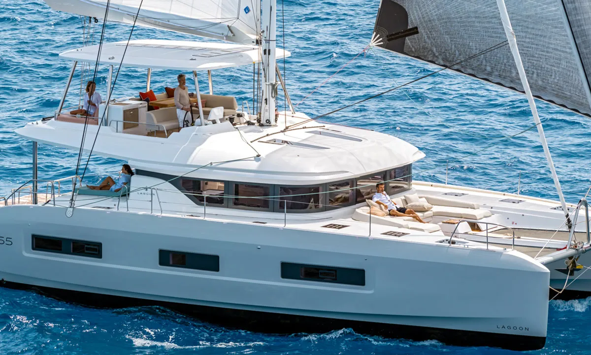 Exterior view of Premium +, a Lagoon 55 catamaran at Trapani, Italy