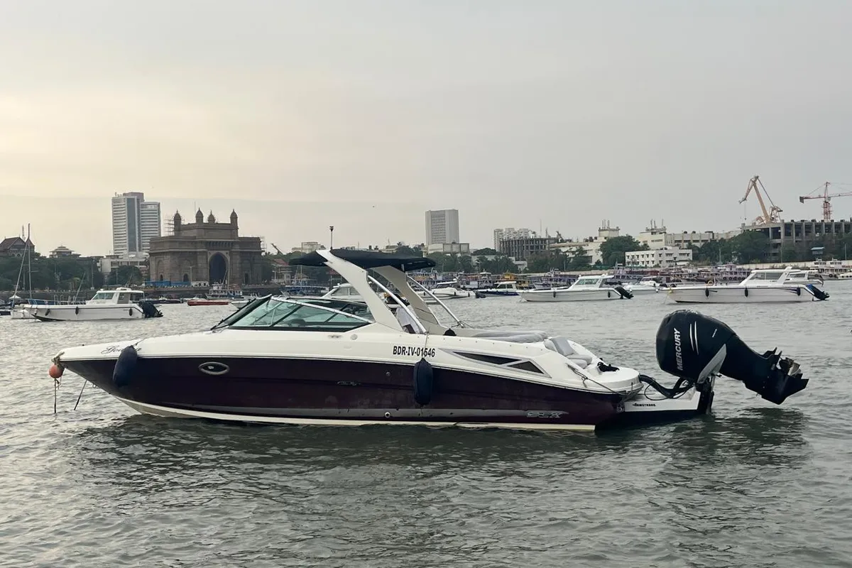 Exterior view of Godiva, a Sea Ray SLX 300 motorboat at Mumbai Harbour, India