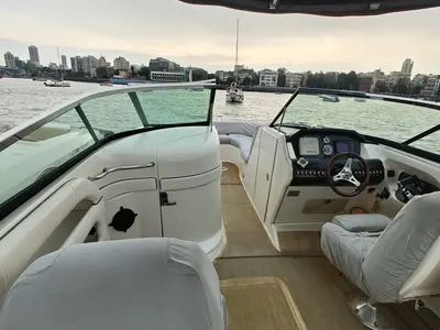 Cockpit of Godiva, a Sea Ray SLX 300 motorboat at Mumbai Harbour, India