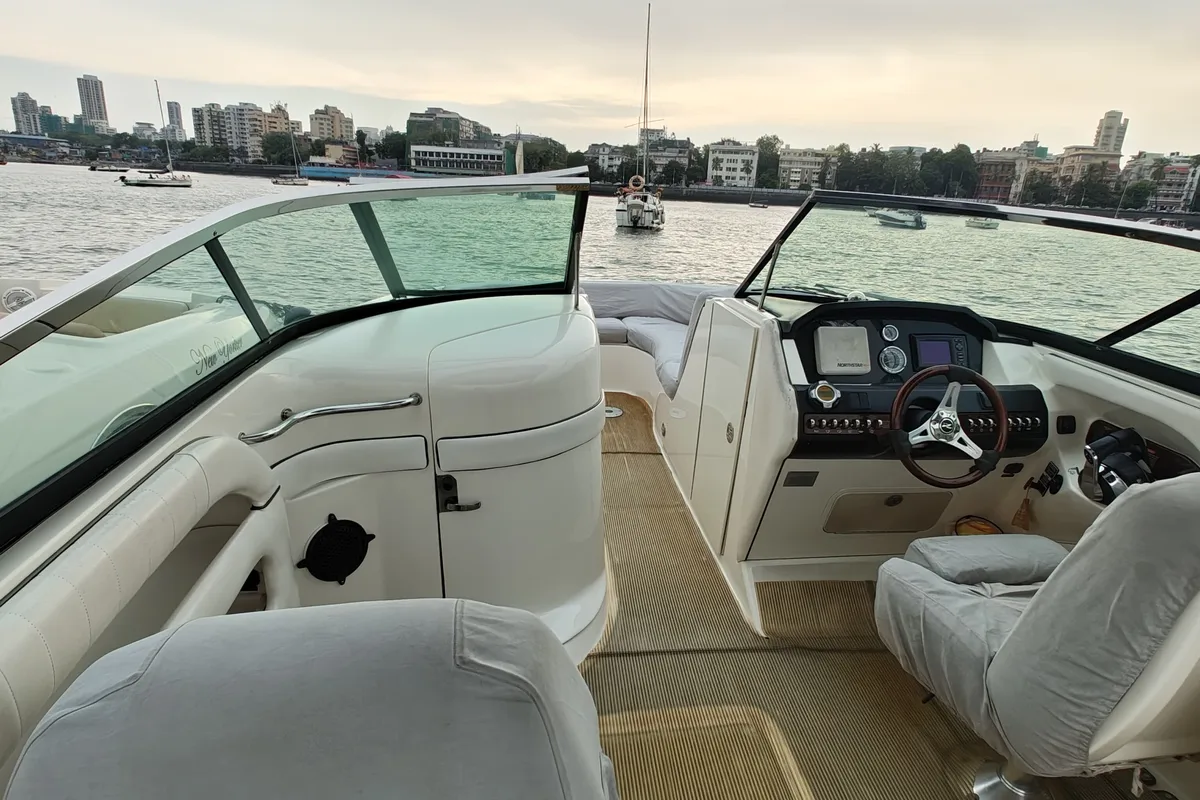 Cockpit of Godiva, a Sea Ray SLX 300 motorboat at Mumbai Harbour, India