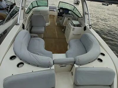 Deck of Godiva, a Sea Ray SLX 300 motorboat at Mumbai Harbour, India