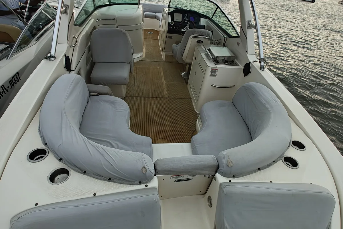 Deck of Godiva, a Sea Ray SLX 300 motorboat at Mumbai Harbour, India