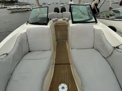 Deck of Godiva, a Sea Ray SLX 300 motorboat at Mumbai Harbour, India