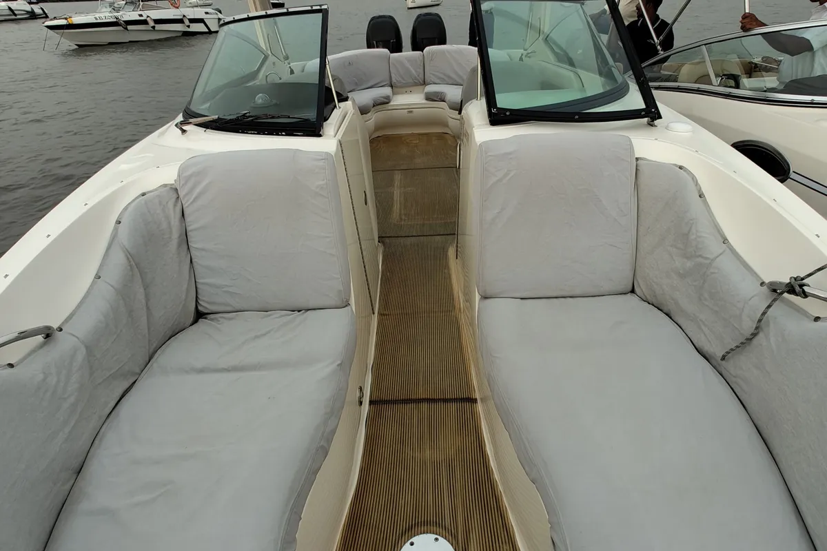 Deck of Godiva, a Sea Ray SLX 300 motorboat at Mumbai Harbour, India
