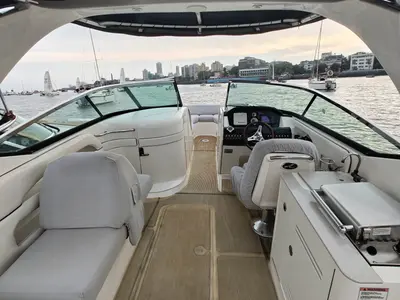 Cockpit of Godiva, a Sea Ray SLX 300 motorboat at Mumbai Harbour, India