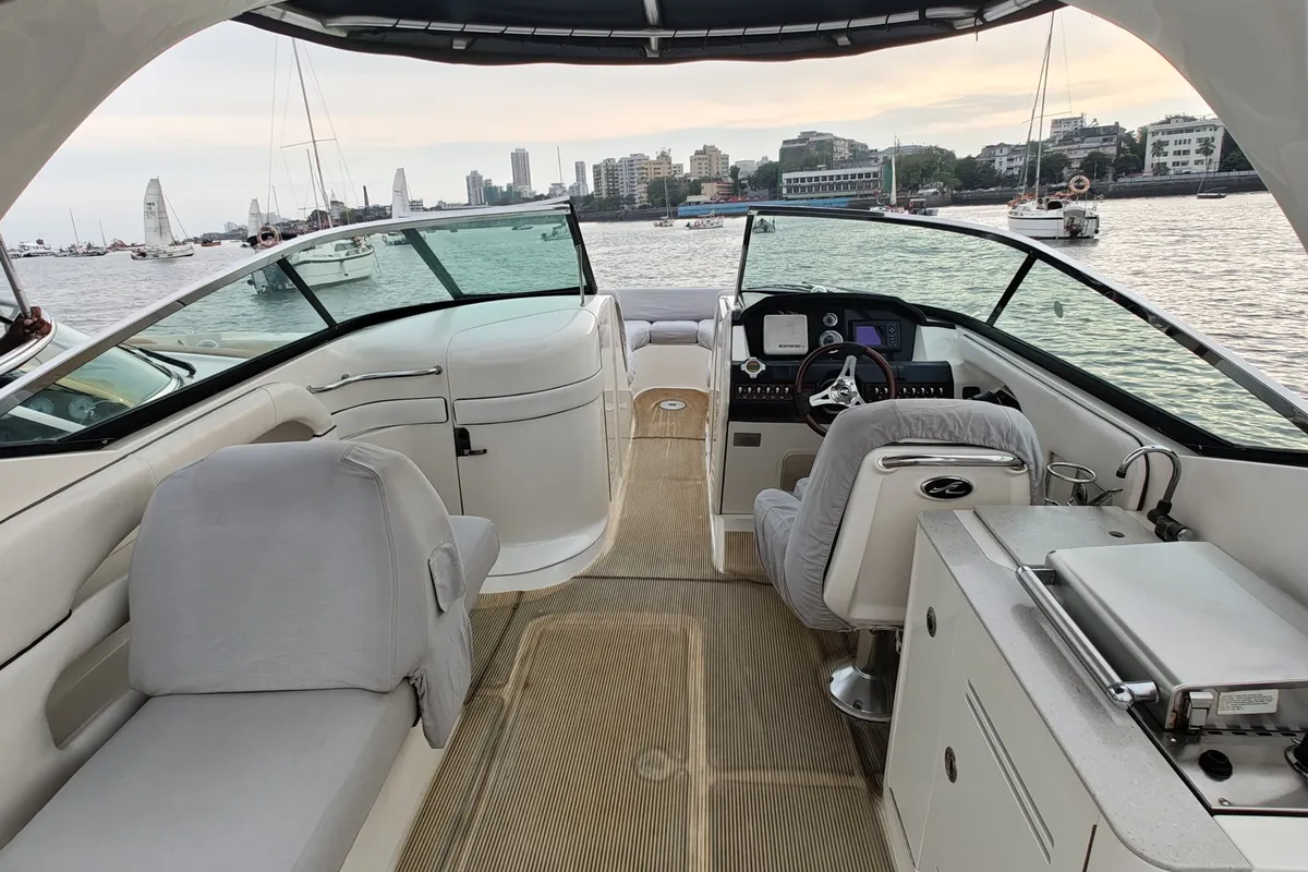 Cockpit of Godiva, a Sea Ray SLX 300 motorboat at Mumbai Harbour, India