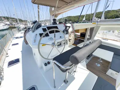 Cockpit of Yolamare, a Lagoon 400 S2 catamaran at Grad Pula, Croatia