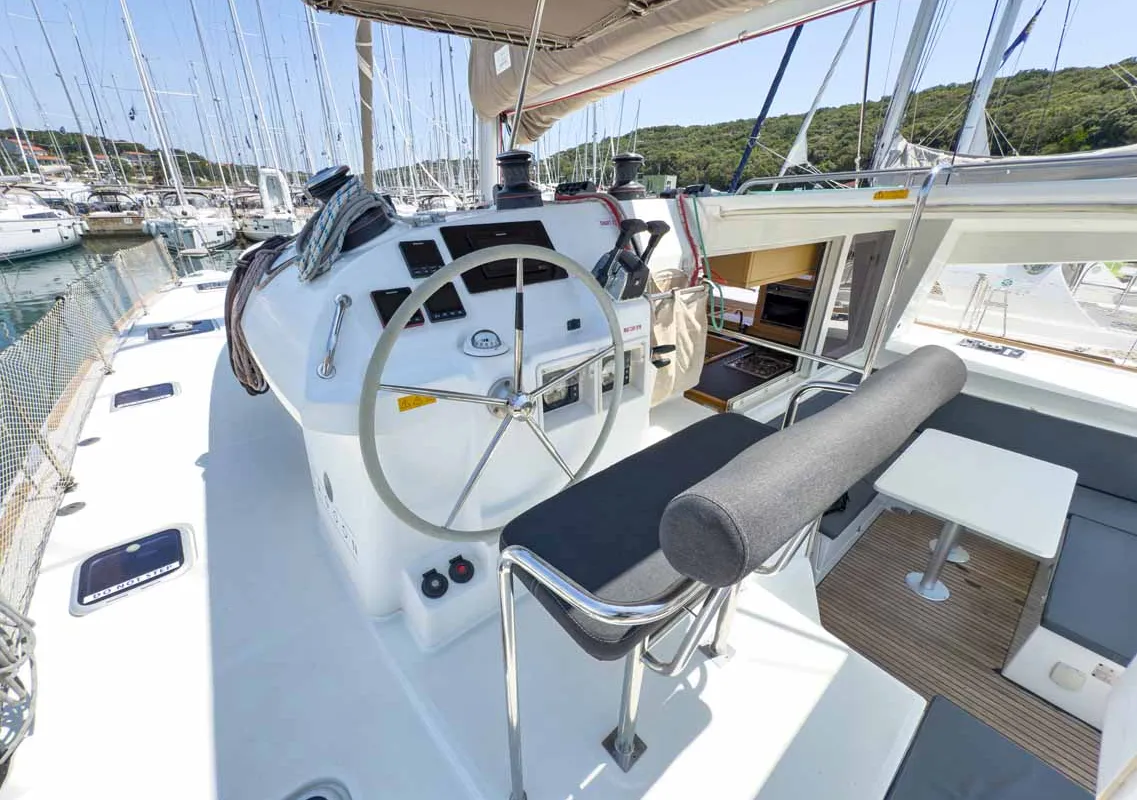 Cockpit of Yolamare, a Lagoon 400 S2 catamaran at Grad Pula, Croatia