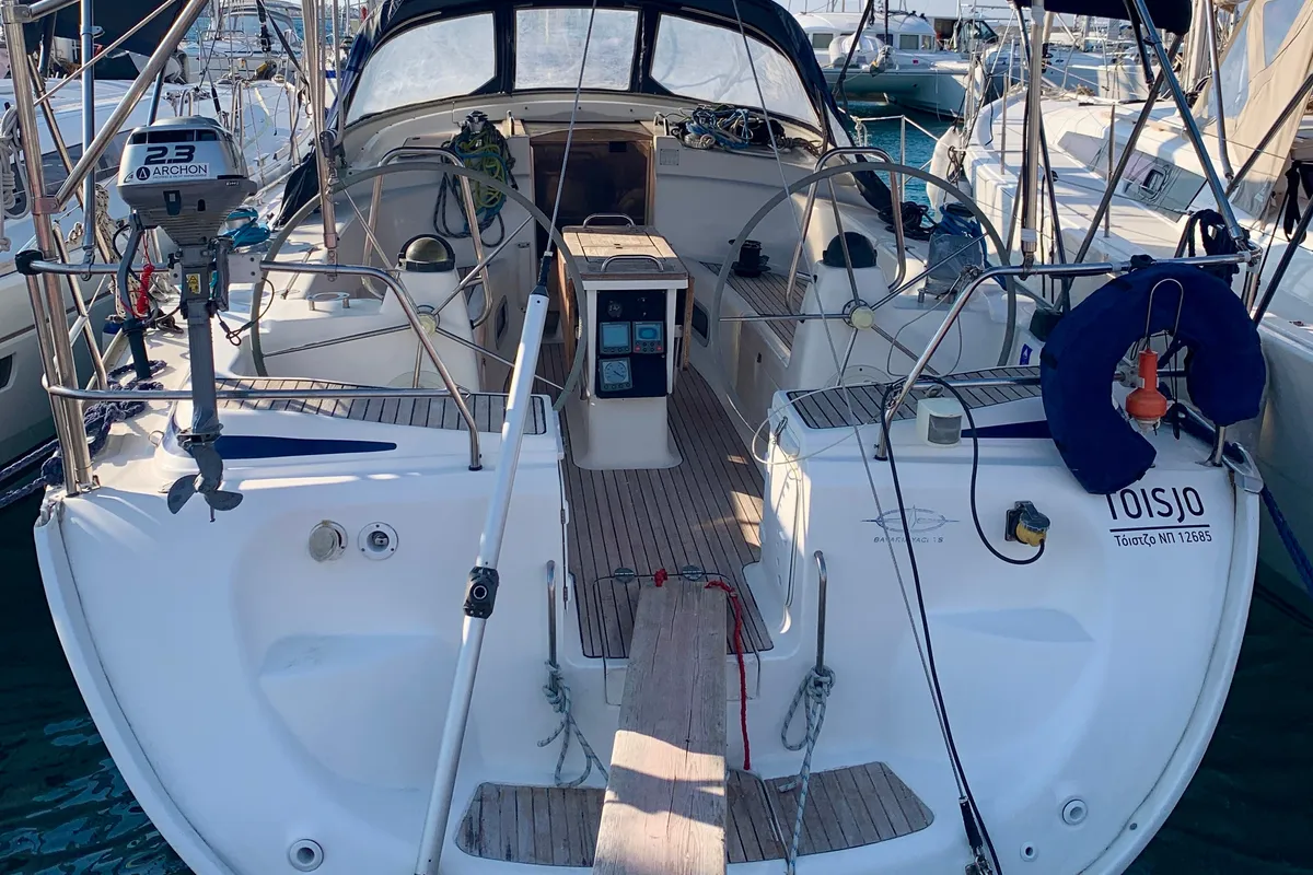 Exterior view of Toisjo, a Bavaria 42 Cruiser sailboat at Kos, Greece