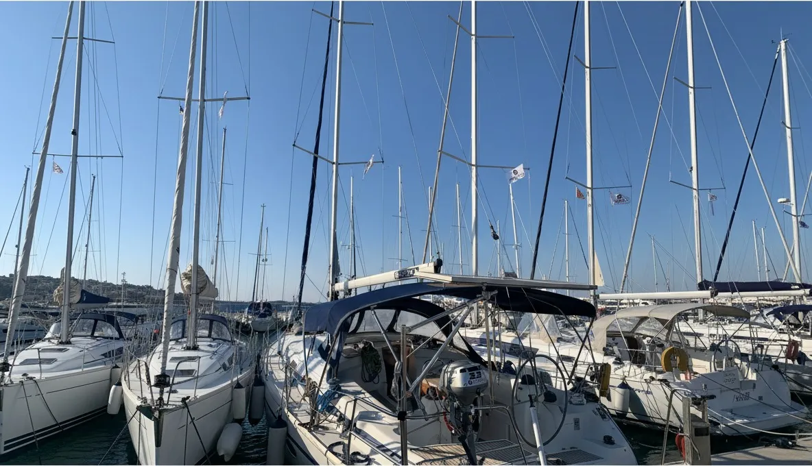 Exterior view of Toisjo, a Bavaria 42 Cruiser sailboat at Kos, Greece