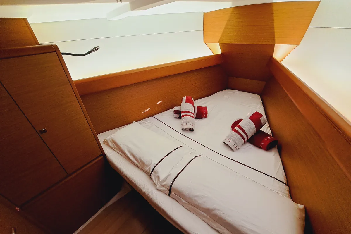 Cabin on EMILINA, a Jeanneau Sun Odyssey 389 sailboat at Sant Antoni de Portmany, Spain