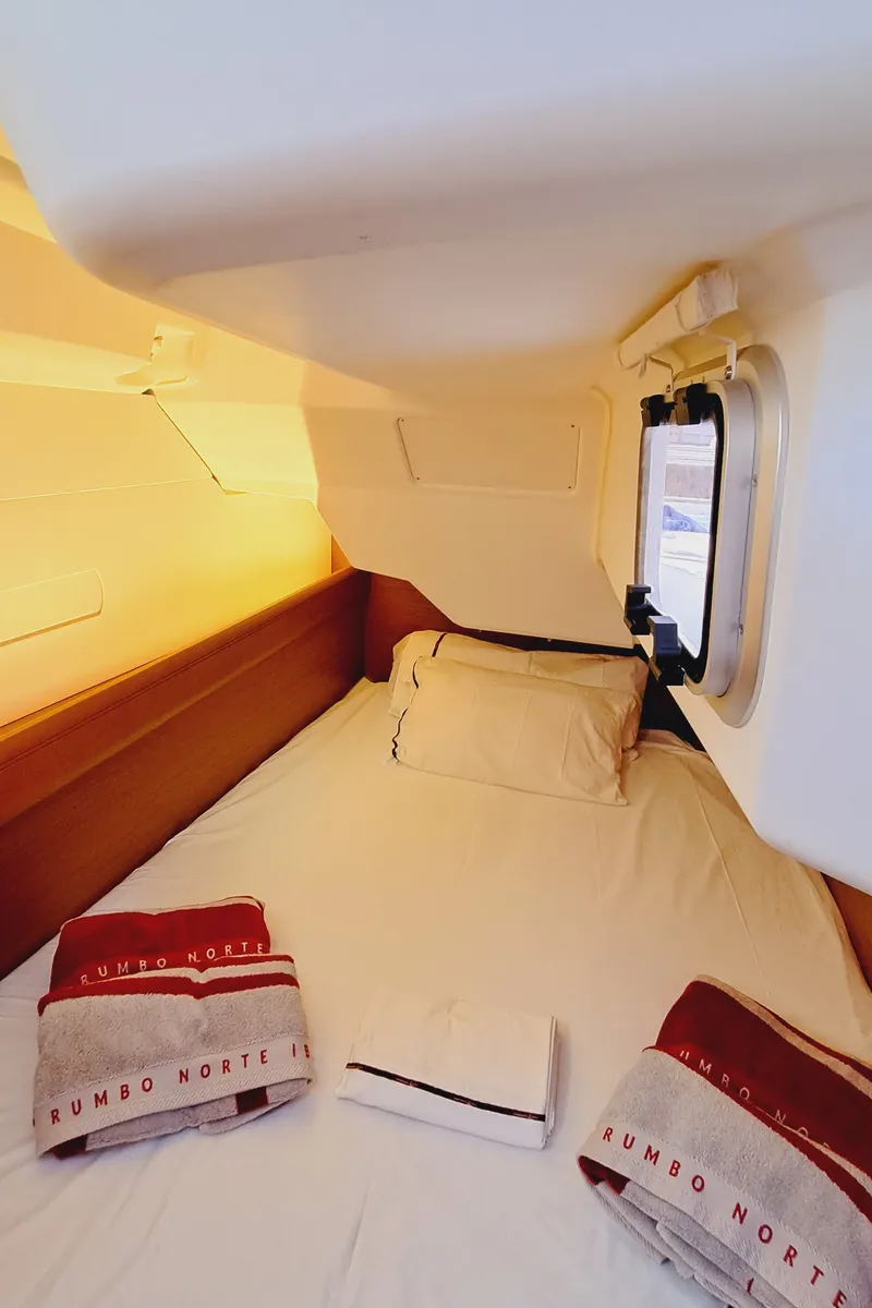 Cabin on EMILINA, a Jeanneau Sun Odyssey 389 sailboat at Sant Antoni de Portmany, Spain