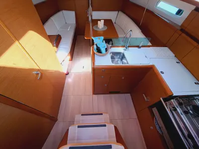Galley of EMILINA, a Jeanneau Sun Odyssey 389 sailboat at Sant Antoni de Portmany, Spain
