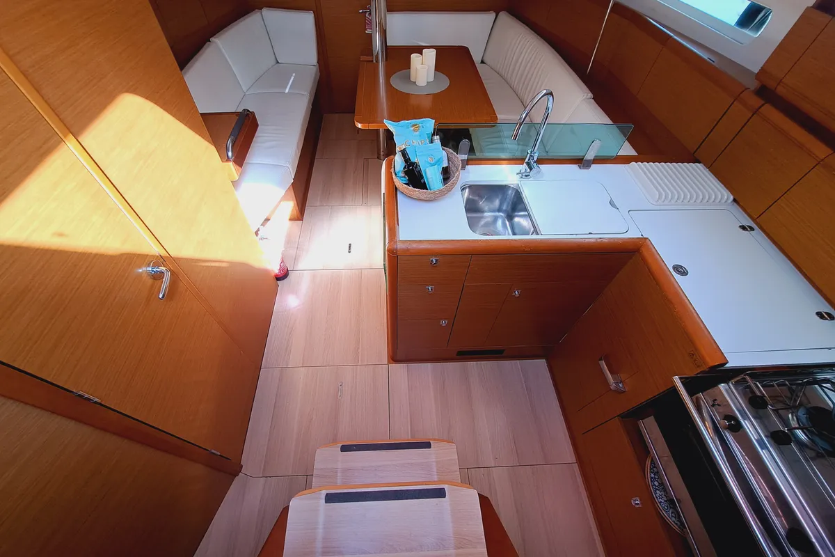 Galley of EMILINA, a Jeanneau Sun Odyssey 389 sailboat at Sant Antoni de Portmany, Spain