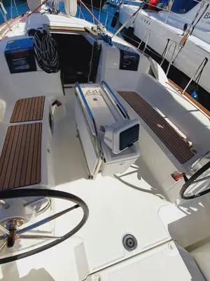 Cockpit of EMILINA, a Jeanneau Sun Odyssey 389 sailboat at Sant Antoni de Portmany, Spain