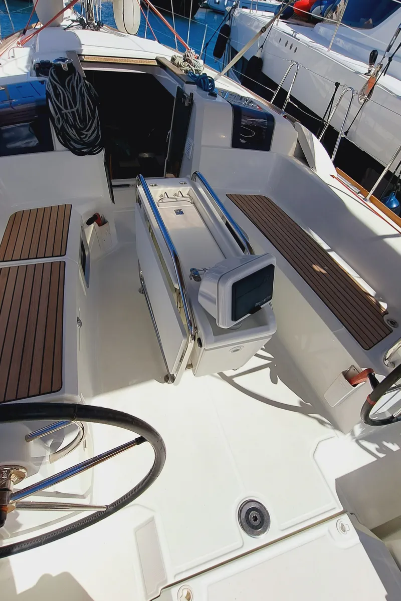 Cockpit of EMILINA, a Jeanneau Sun Odyssey 389 sailboat at Sant Antoni de Portmany, Spain