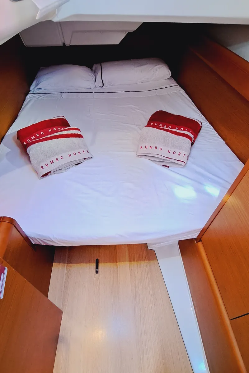 Cabin on EMILINA, a Jeanneau Sun Odyssey 389 sailboat at Sant Antoni de Portmany, Spain