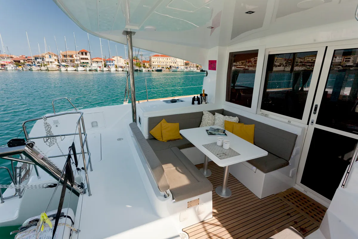 Deck of U2, a Lagoon 39 catamaran at Municipal Unit of Lefkada, Greece