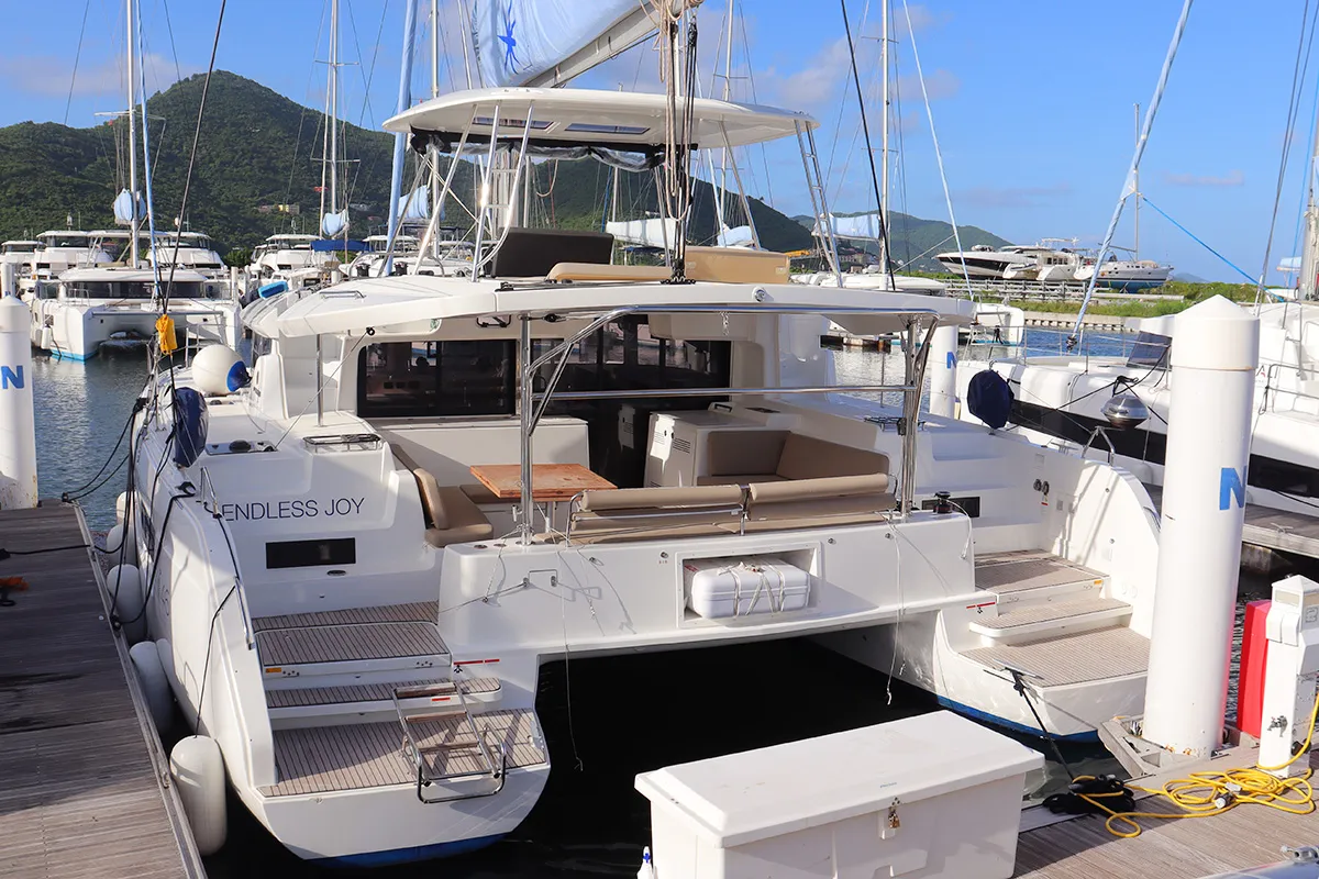 Exterior view of Endless Joy, a Lagoon 46 catamaran at Road Town, British Virgin Islands