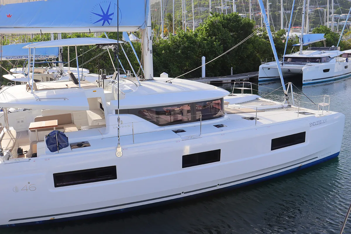 Exterior view of Endless Joy, a Lagoon 46 catamaran at Road Town, British Virgin Islands