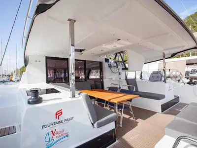 Deck of Serenita, a Fountaine Pajot Isla 40 catamaran at Marmaris, Turkey