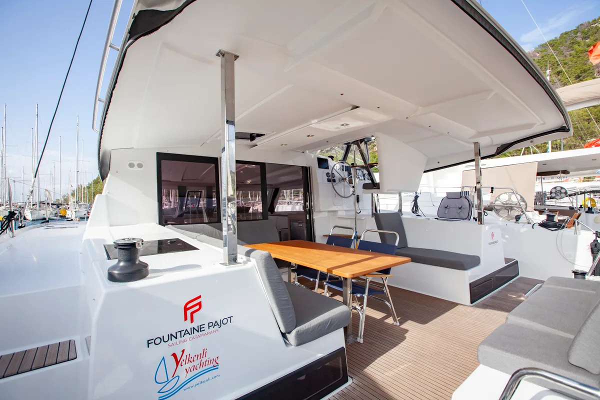 Deck of Serenita, a Fountaine Pajot Isla 40 catamaran at Marmaris, Turkey