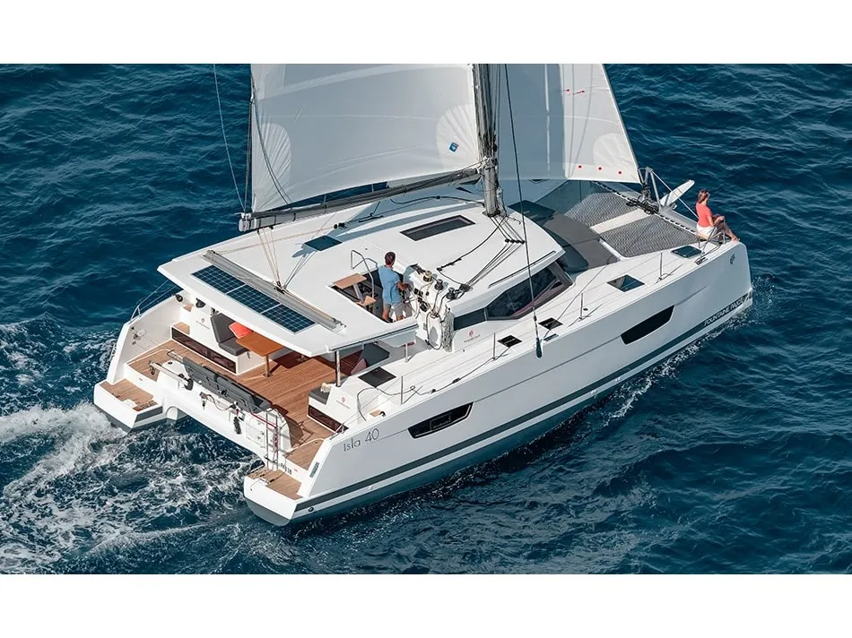 Exterior view of Serenita, a Fountaine Pajot Isla 40 catamaran at Marmaris, Turkey