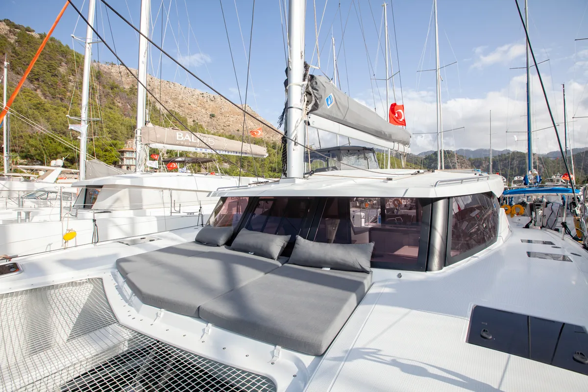 Deck of Serenita, a Fountaine Pajot Isla 40 catamaran at Marmaris, Turkey
