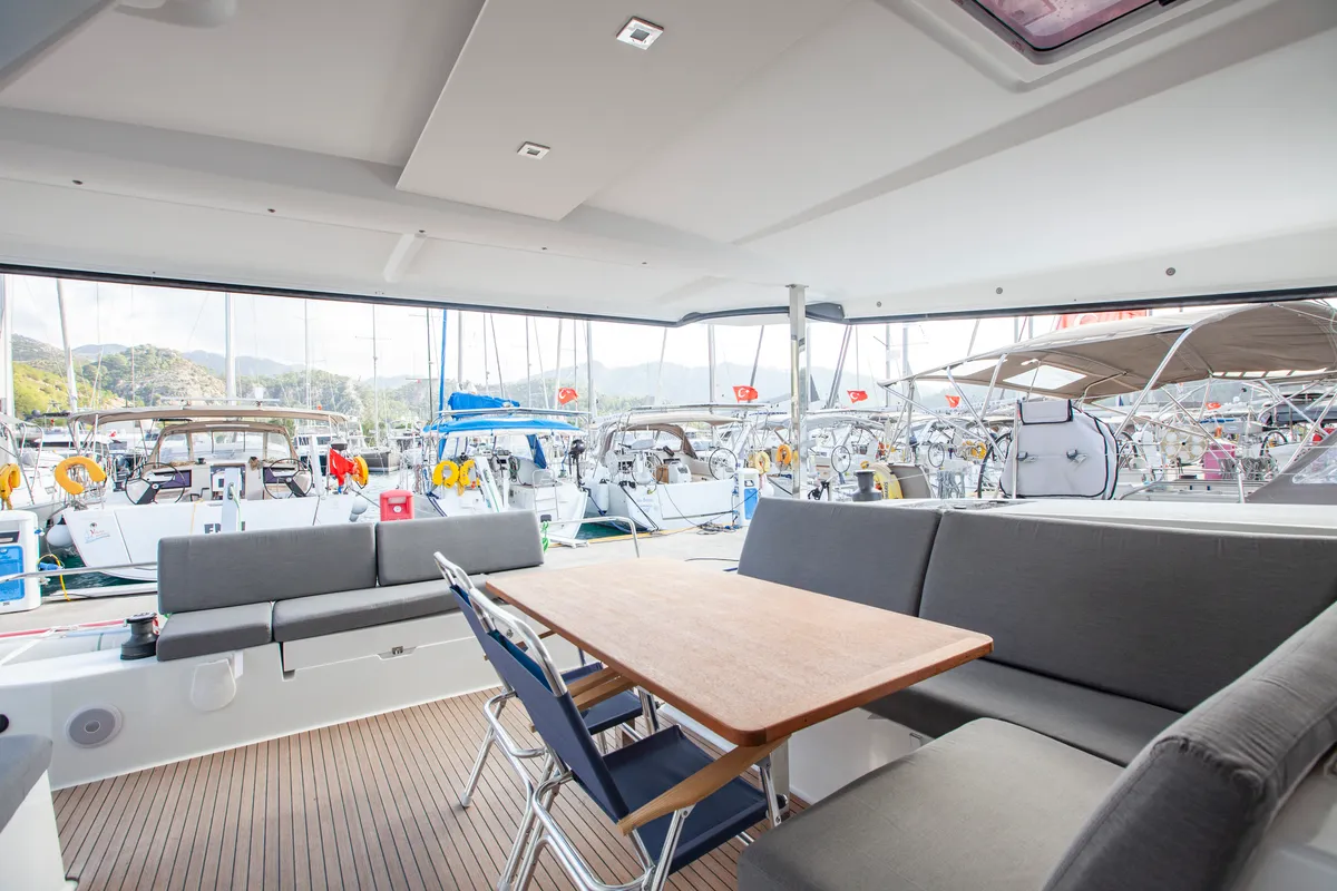 Deck of Serenita, a Fountaine Pajot Isla 40 catamaran at Marmaris, Turkey