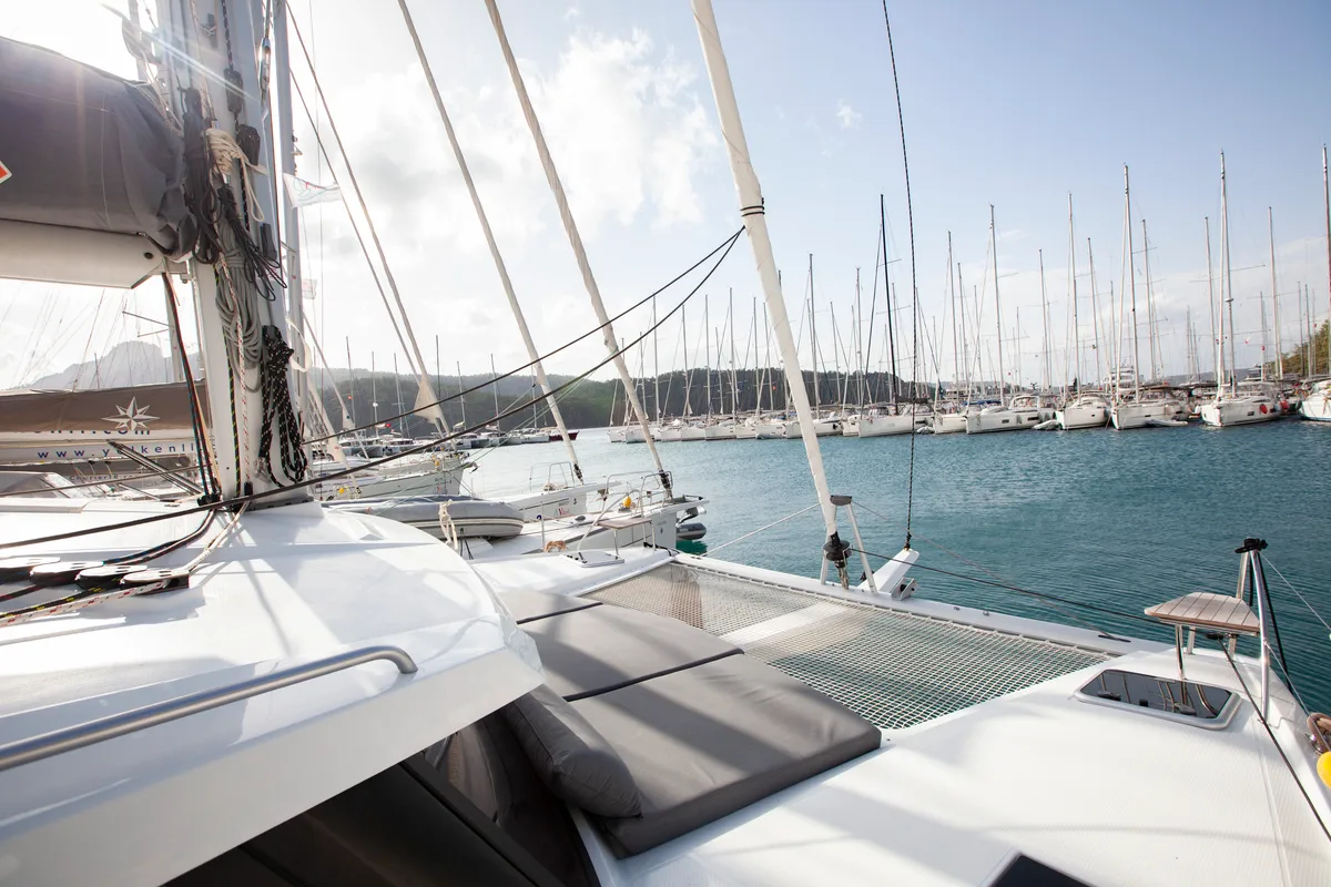 Deck of Serenita, a Fountaine Pajot Isla 40 catamaran at Marmaris, Turkey