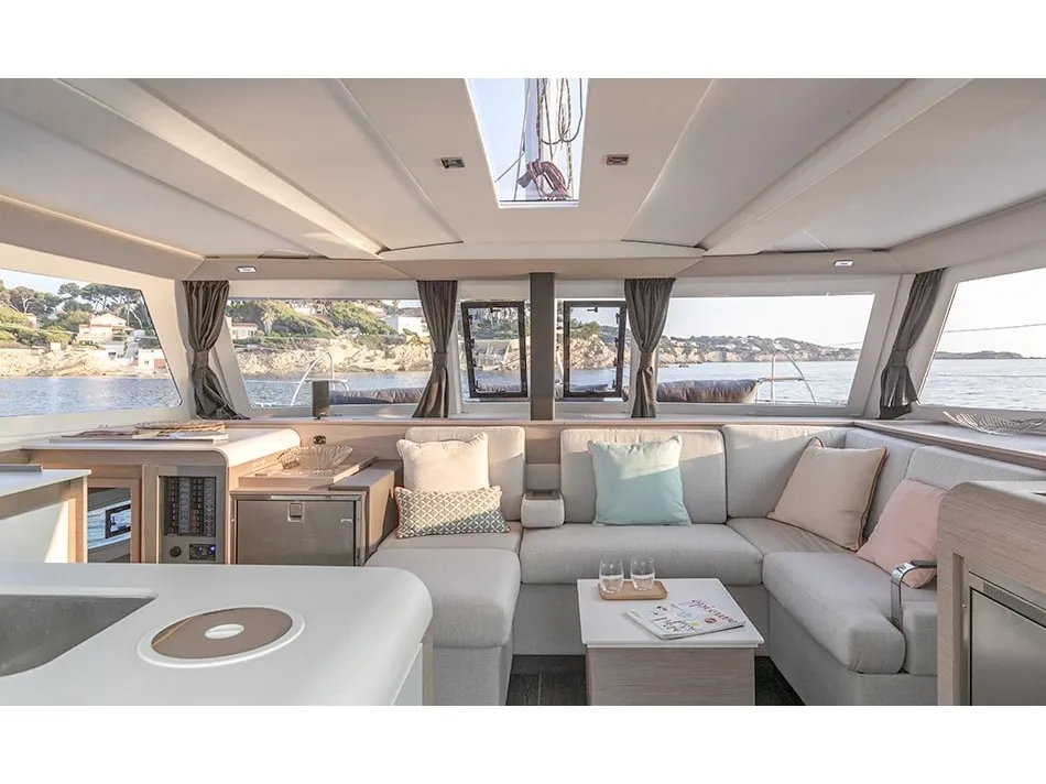 Salon of Serenita, a Fountaine Pajot Isla 40 catamaran at Marmaris, Turkey