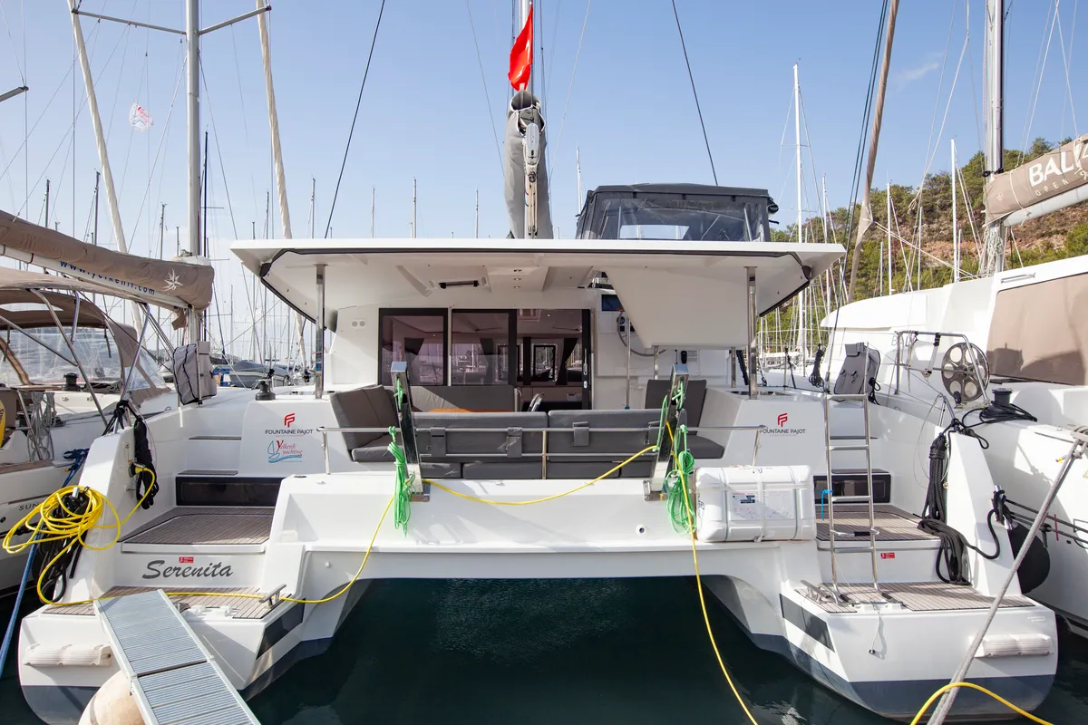 Exterior view of Serenita, a Fountaine Pajot Isla 40 catamaran at Marmaris, Turkey