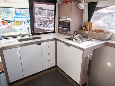 Galley of Serenita, a Fountaine Pajot Isla 40 catamaran at Marmaris, Turkey