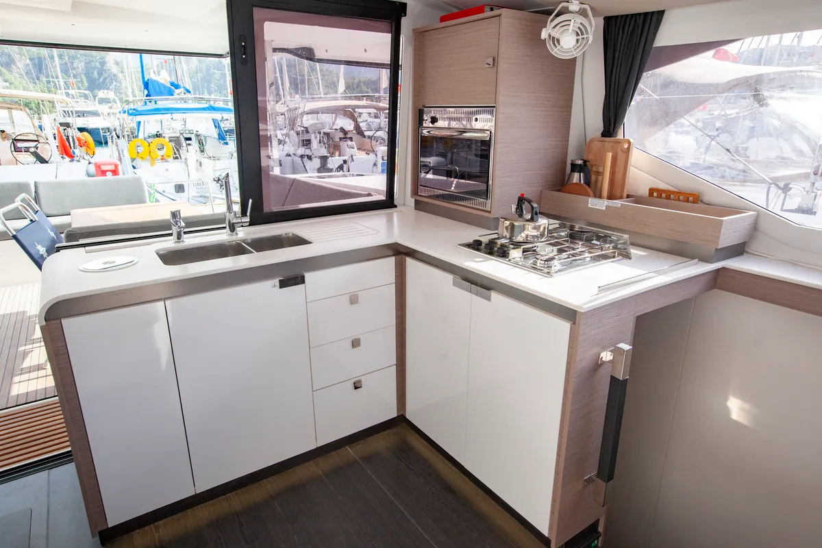 Galley of Serenita, a Fountaine Pajot Isla 40 catamaran at Marmaris, Turkey