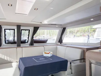 Salon of Serenita, a Fountaine Pajot Isla 40 catamaran at Marmaris, Turkey