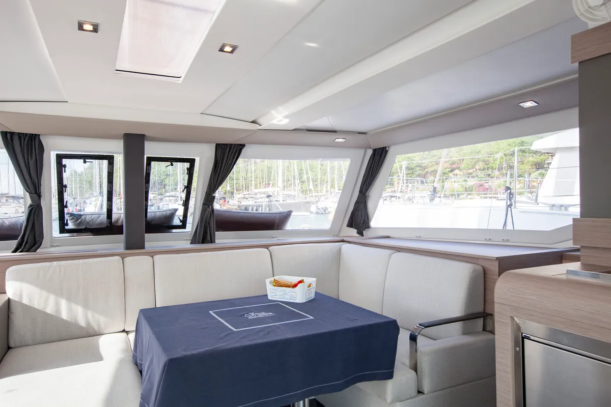Salon of Serenita, a Fountaine Pajot Isla 40 catamaran at Marmaris, Turkey