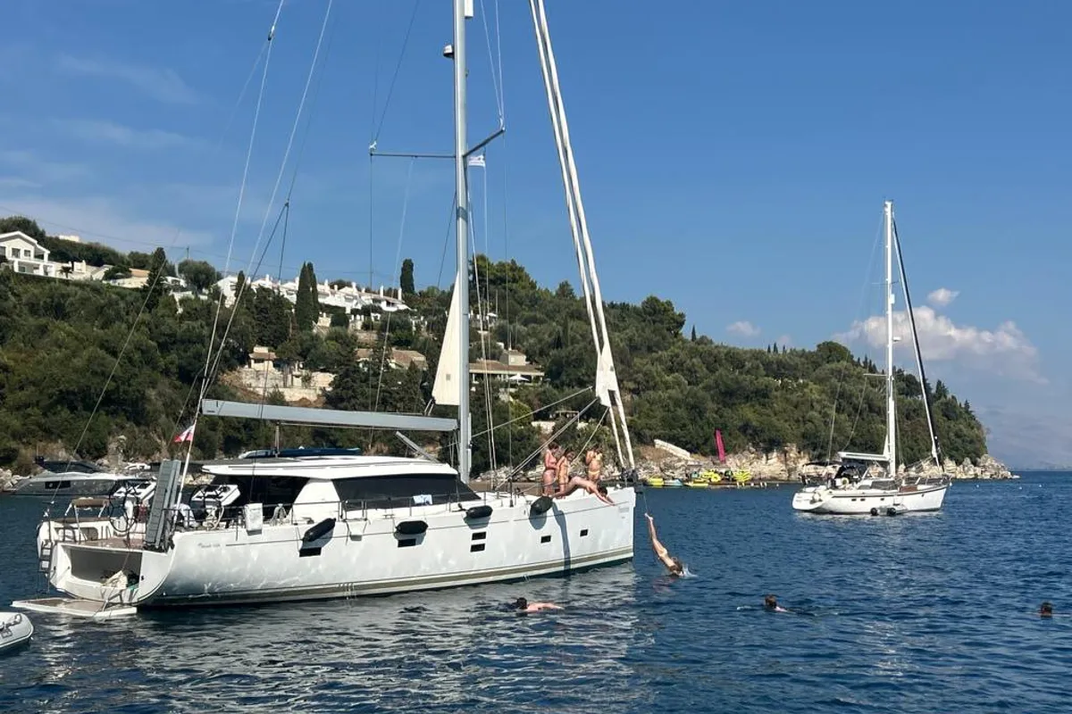 Exterior view of Freedom, a Hanse Yachts Moody 54 DS sailboat at Kontokali, Greece