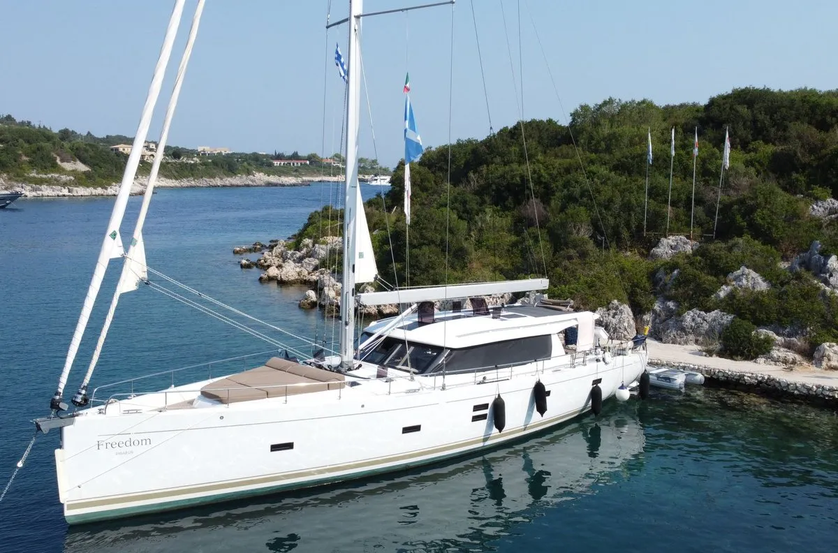 Exterior view of Freedom, a Hanse Yachts Moody 54 DS sailboat at Kontokali, Greece