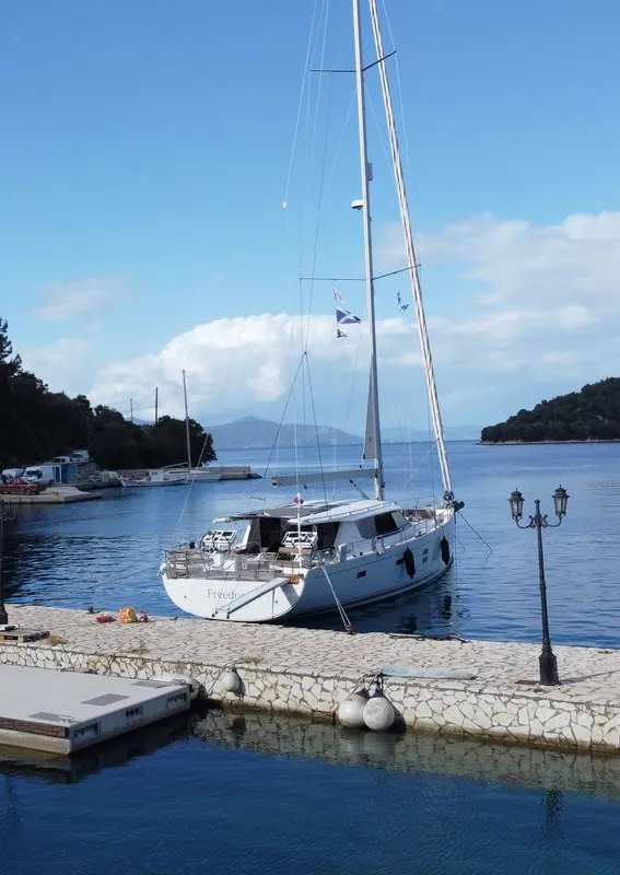 Exterior view of Freedom, a Hanse Yachts Moody 54 DS sailboat at Kontokali, Greece