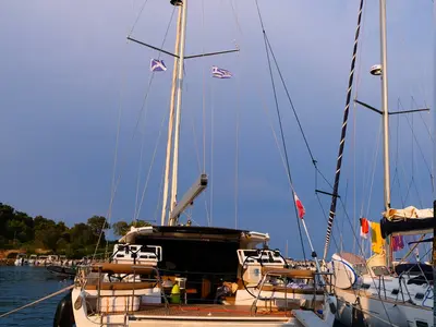 Exterior view of Freedom, a Hanse Yachts Moody 54 DS sailboat at Kontokali, Greece