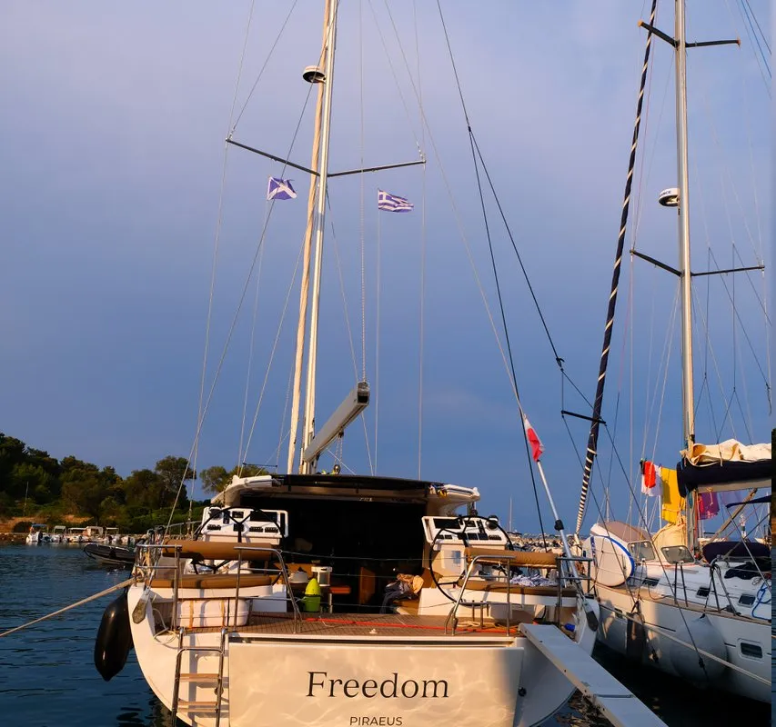 Exterior view of Freedom, a Hanse Yachts Moody 54 DS sailboat at Kontokali, Greece