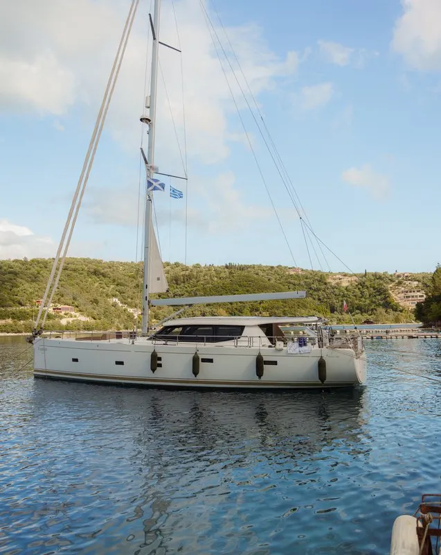 Exterior view of Freedom, a Hanse Yachts Moody 54 DS sailboat at Kontokali, Greece