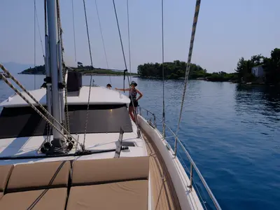 Deck of Freedom, a Hanse Yachts Moody 54 DS sailboat at Kontokali, Greece