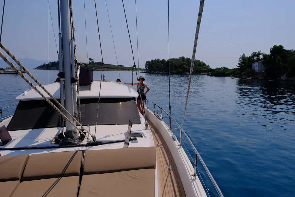 Deck of Freedom, a Hanse Yachts Moody 54 DS sailboat at Kontokali, Greece