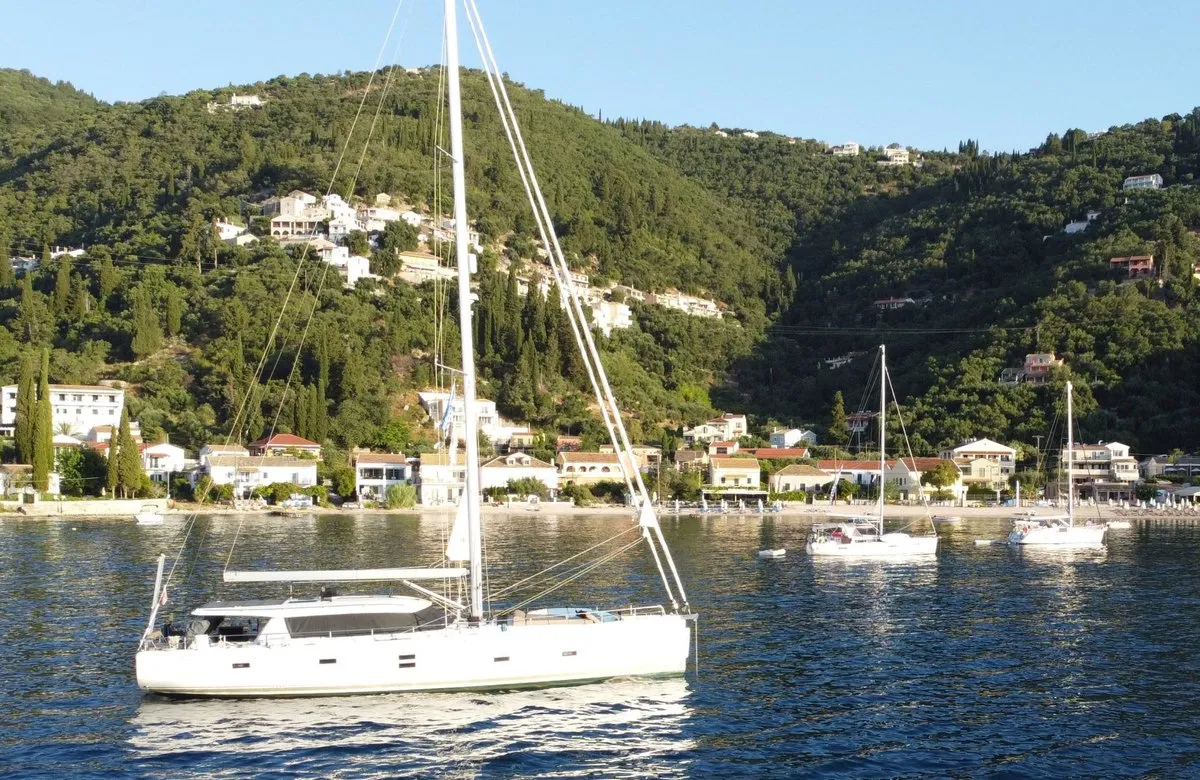 Exterior view of Freedom, a Hanse Yachts Moody 54 DS sailboat at Kontokali, Greece
