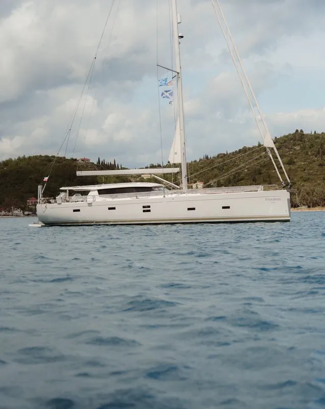 Exterior view of Freedom, a Hanse Yachts Moody 54 DS sailboat at Kontokali, Greece