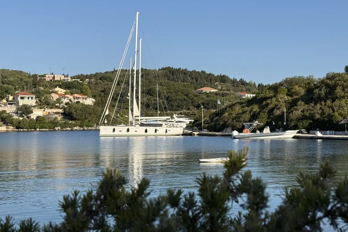 Exterior view of Freedom, a Hanse Yachts Moody 54 DS sailboat at Kontokali, Greece