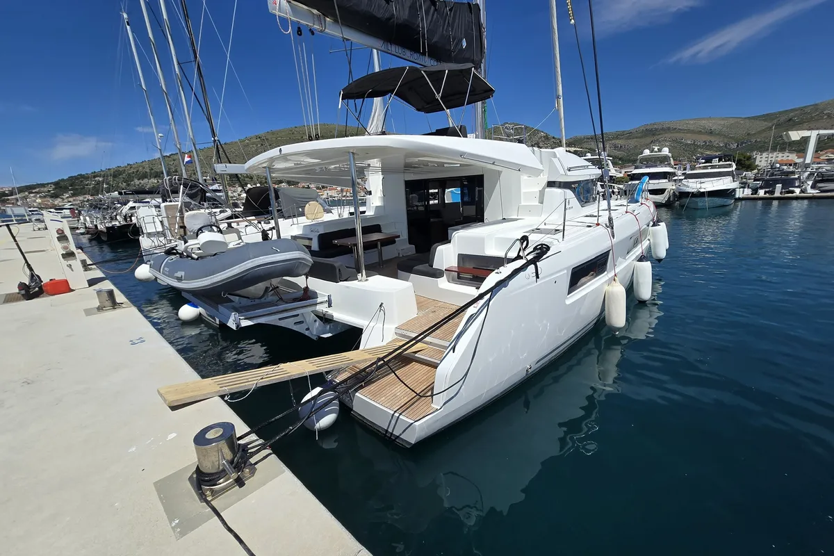 Exterior view of Sail La Vie, a Lagoon 50 catamaran at Seget Donji, Croatia