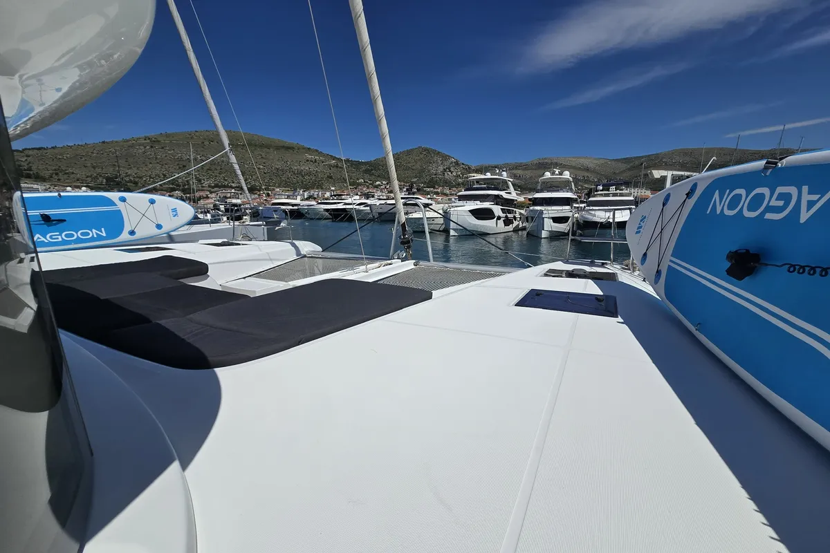 Deck of Sail La Vie, a Lagoon 50 catamaran at Seget Donji, Croatia